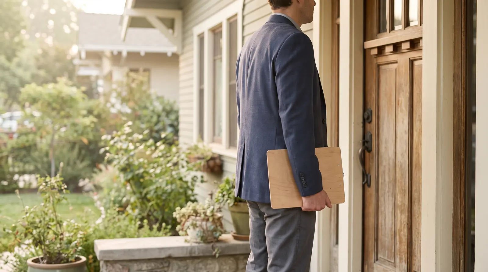 A person in business casual clothing standing at a residential front door holding a clipboard, seen from behind in soft morning light.